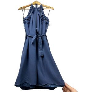 Susana Monaco Navy Blue Halter 100% Silk Ruffle Dress NWOT